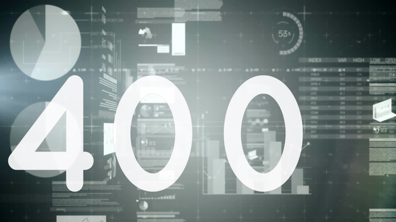 Animation of increasing number over screens with statistical data processing against grey background