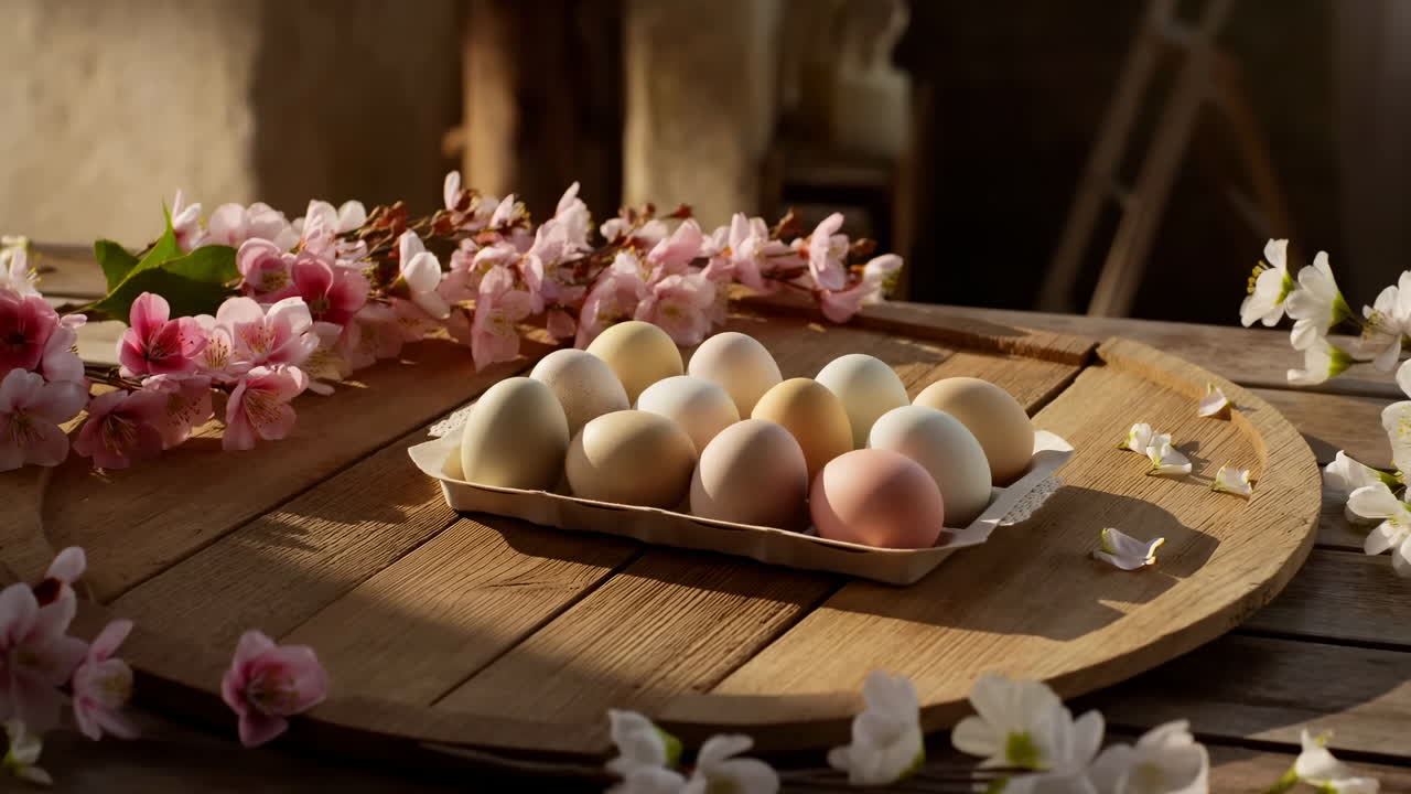 Natural Eggs and Spring Flowers on a Rustic Wooden Table