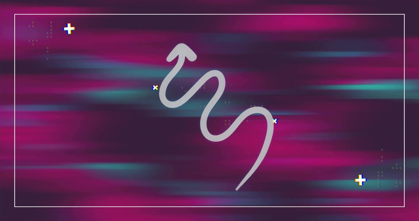 Shifting magenta-teal streaks causing border fading, arrow drawing, glitch dots, X-icons pulsing