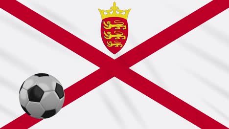 parishes of jersey flag and soccer ball rotates on background of waving cloth, loop