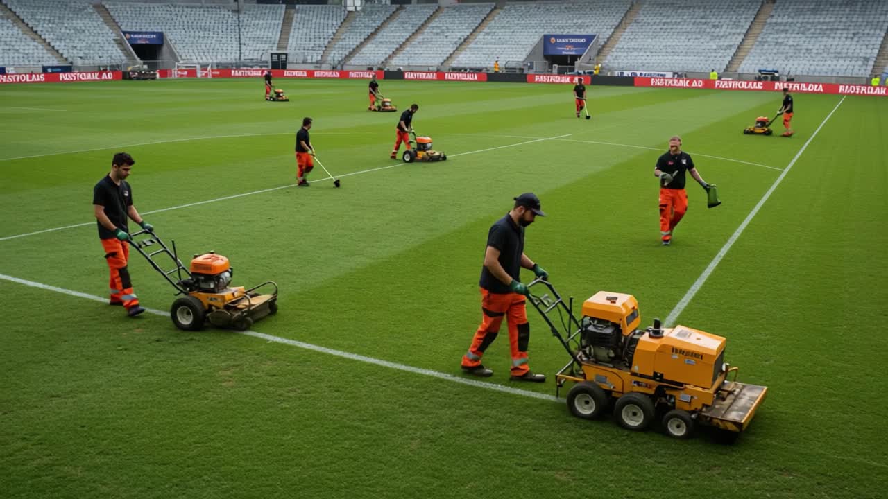 Dedicated Groundskeepers Expertly Maintaining the Soccer Field, Ensuring Perfection in Grass Quality and Field Lines for Upcoming Matches and Sporting Events