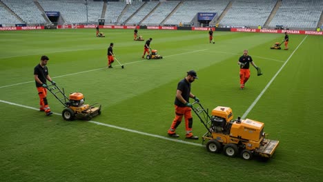 dedicated groundskeepers expertly maintaining the soccer field, ensuring perfection in grass quality and field lines for upcoming matches and sporting events