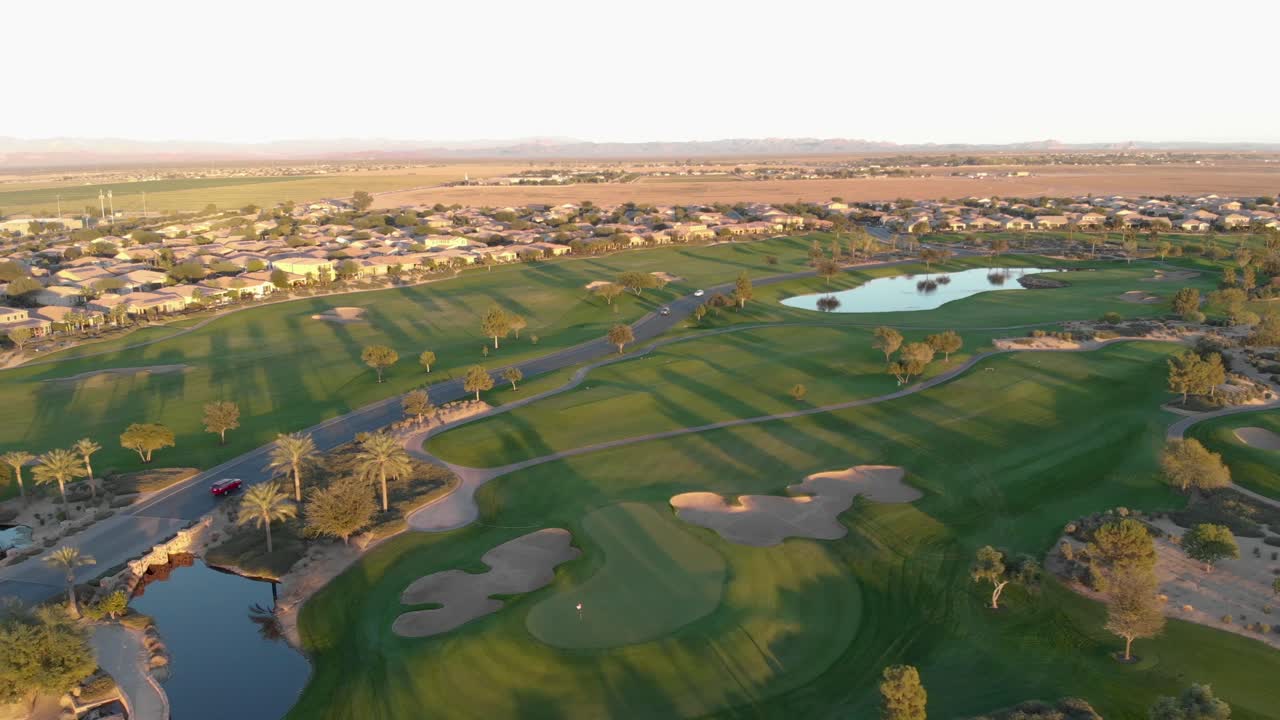 Drone footage from a golf course near a residential neighborhood in Arizona