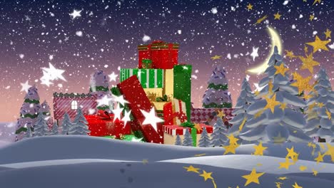 Animation-Von-Schnee,-Der-über-Weihnachtsgeschenke-Fällt
