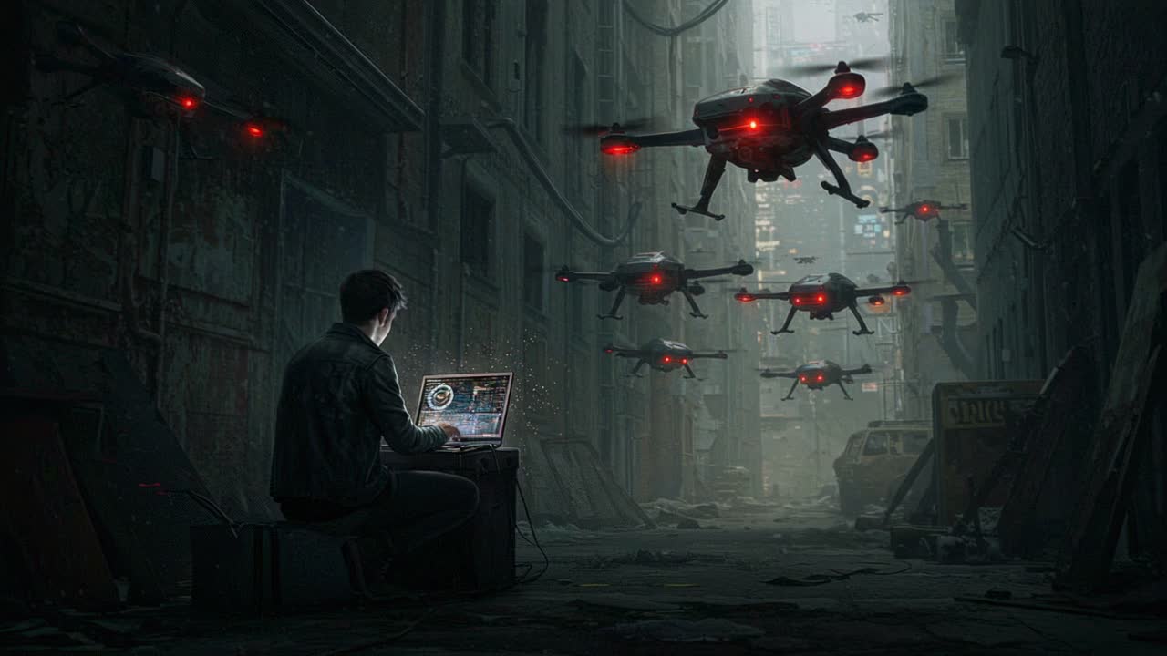 A man skillfully maneuvers drones through a dimly lit urban alley, highlighting the significant role of technology in contemporary surveillance practices
