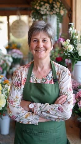 smiling senior florist looking at the camera with her arms crossed in her flower store