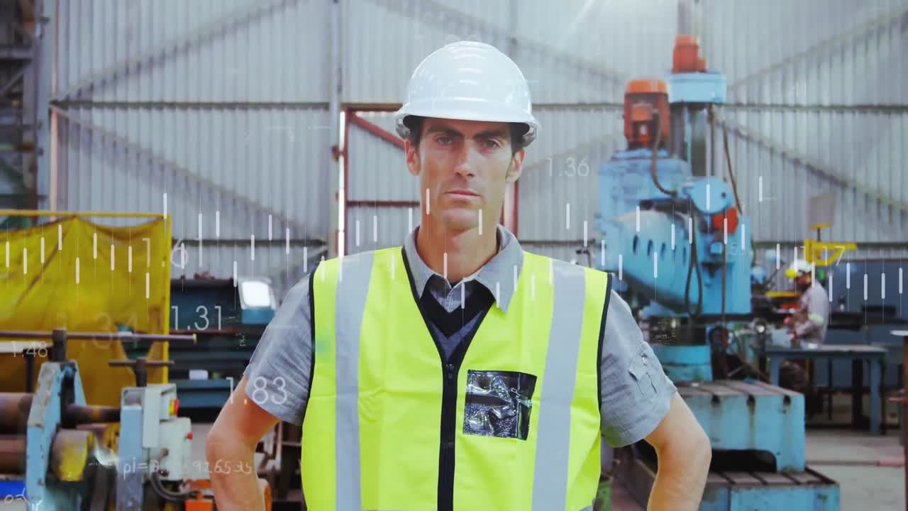 animación de gráfico, ritmo cardíaco y números sobre trabajador de almacén caucásico