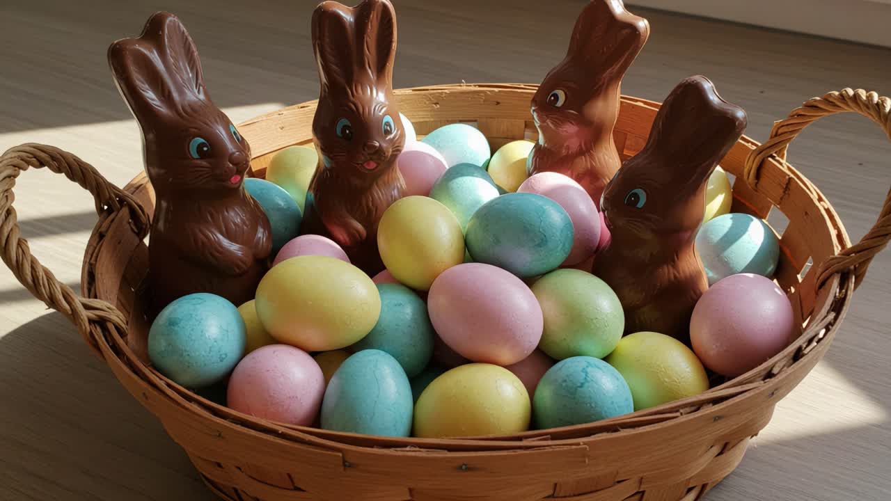 Colorful Easter Basket Filled with Painted Eggs and Chocolate Bunnies Under Natural Light, Perfect for Spring Celebrations and Festive Decorating Ideas