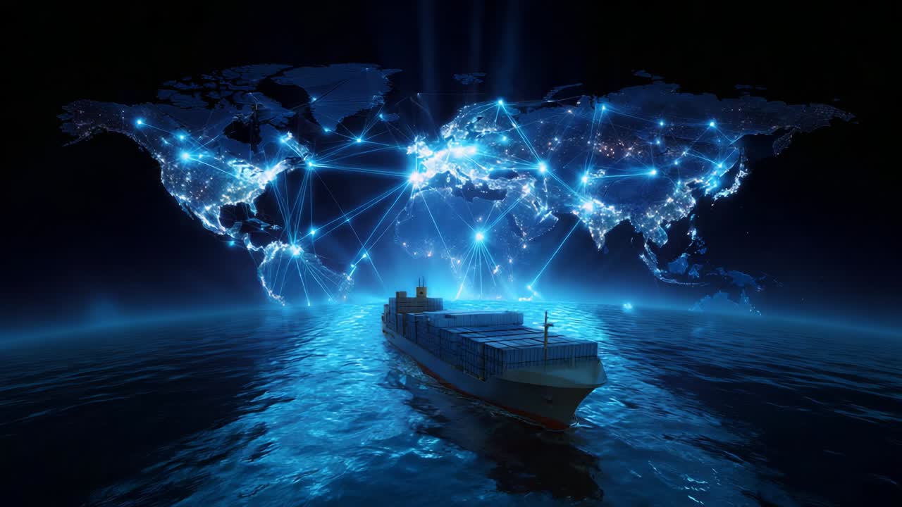 A Spectacular View of a Freighter Navigating Through Digital Waters Amidst an Illuminated World Map, Showcasing Global Connectivity and Modern Shipping Technology in Action