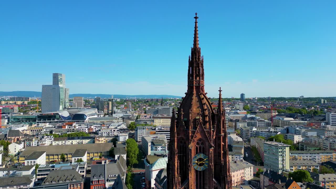 4K Aerial Drone Video of the Clock Tower of the Historic Kaiserdom St. Bartholomäus Church in Downtown Frankfurt, Germany
