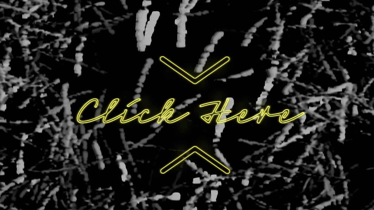 animación de texto de neón amarillo, haga clic aquí, sobre un fondo de hierba monocromático