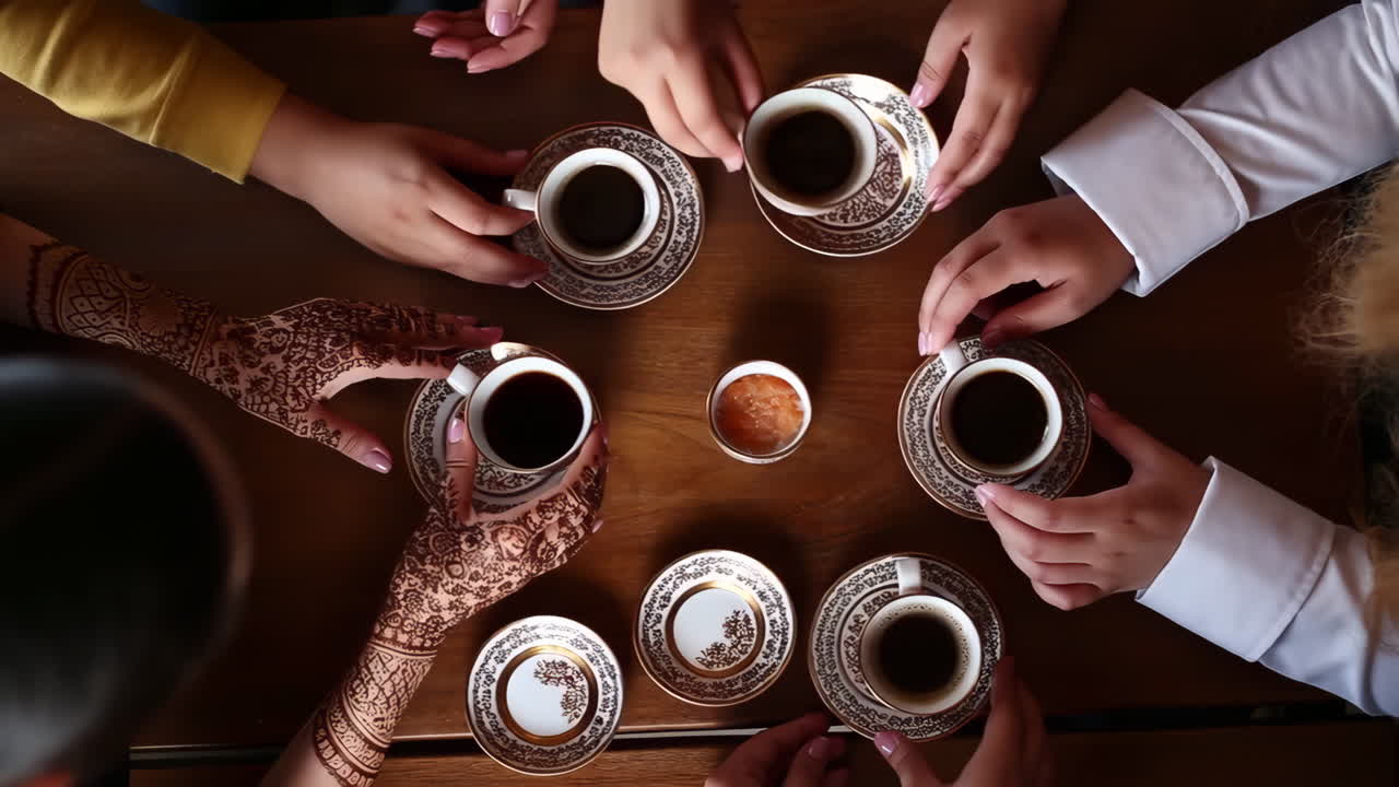 Overhead view of multiple people gathered around a table with coffee cups, one person with henna-decorated hands