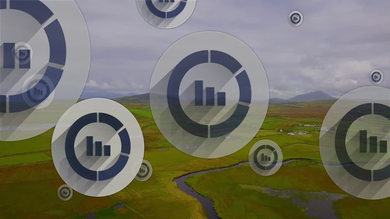 animación de círculos con diagramas sobre el paisaje