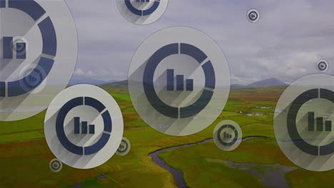animación de círculos con diagramas sobre el paisaje