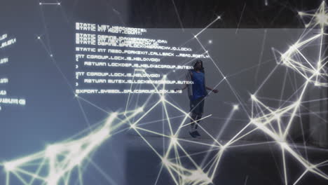 animación de la red de comunicación y datos sobre un atleta masculino con una pierna protésica para saltar la cuerda