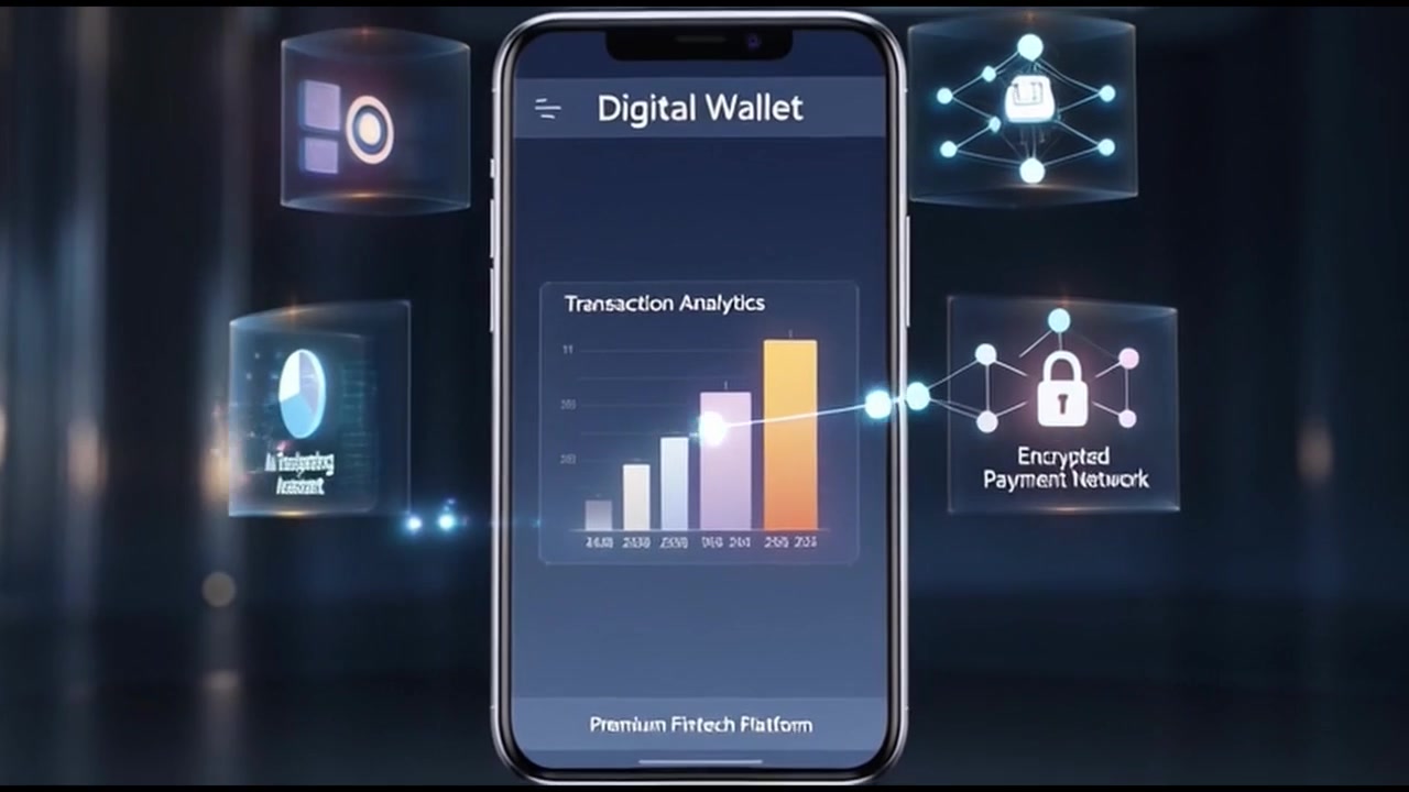 Interfaccia dell'app Fintech per portafoglio digitale con analisi AI e funzionalità di sicurezza