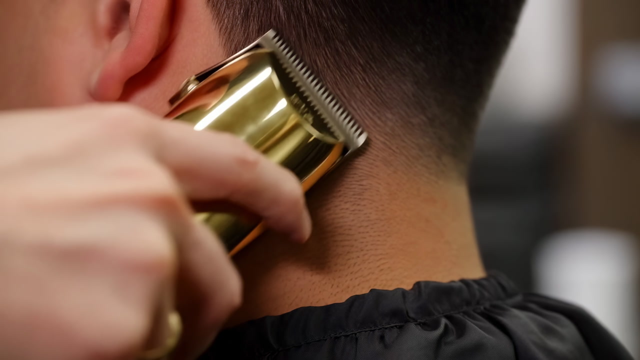 Closeup Barber Trims Neckline With Clipper Gold Trimmer Shapes Clean Fade On Nape, Cape Draped, Precise Hand