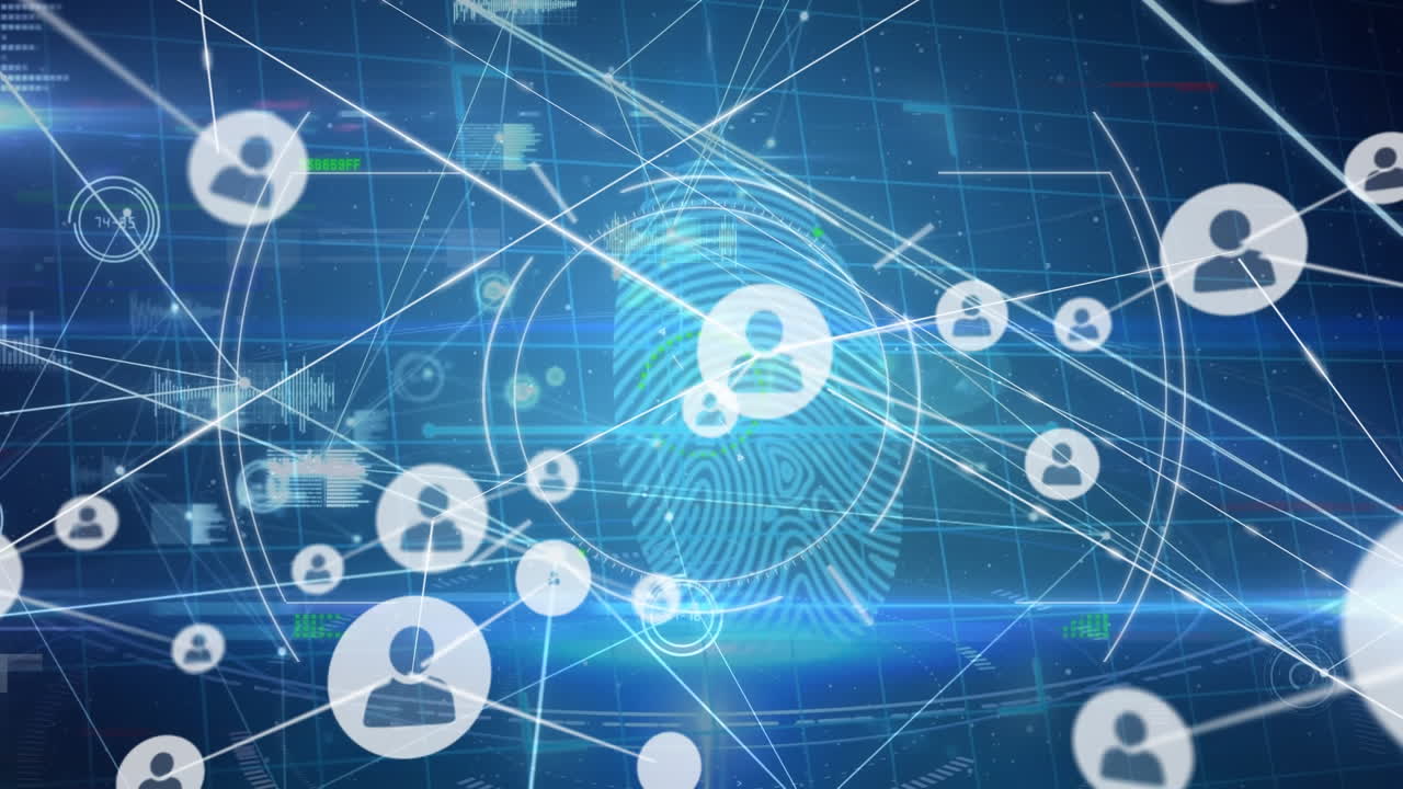 animación de la red de conexiones con iconos y procesamiento de datos sobre fondo azul