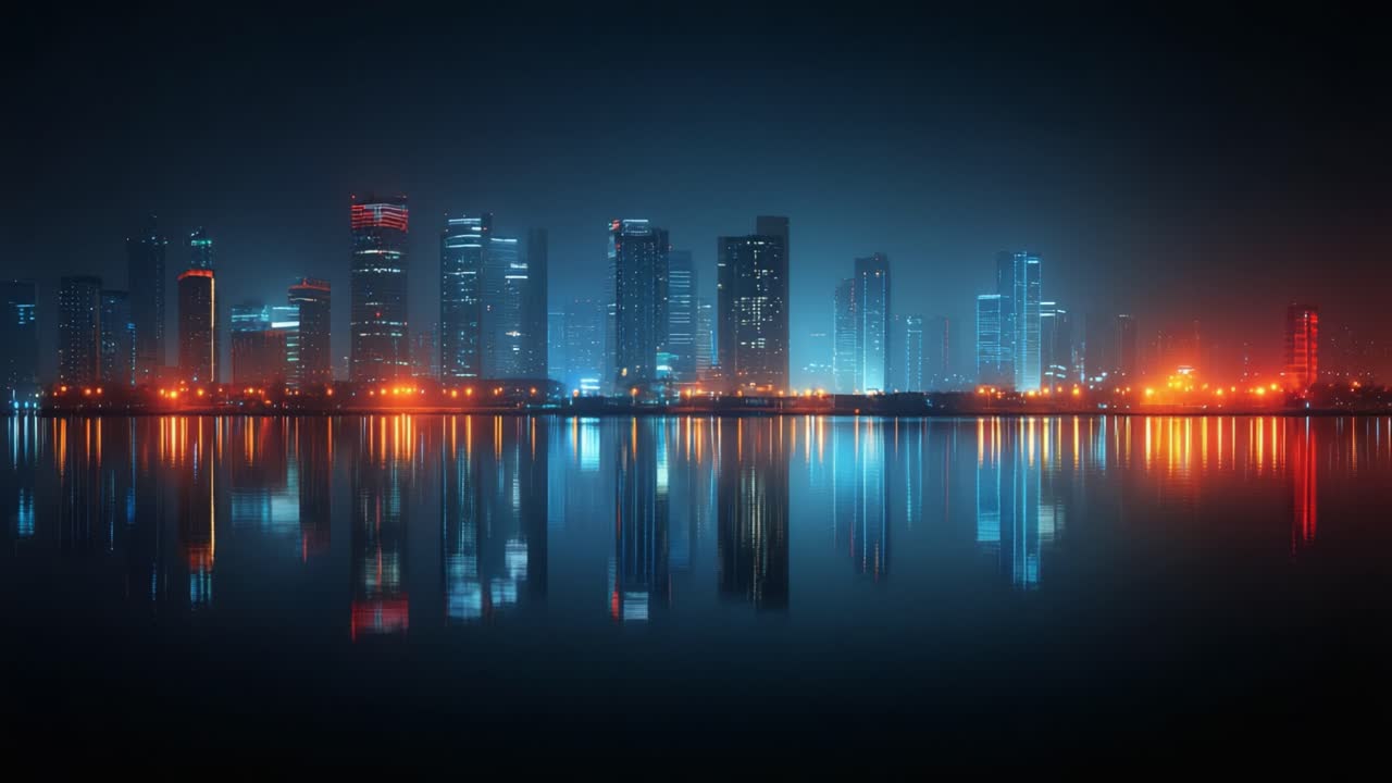 A Stunning Urban Nightscape Featuring Skyscrapers Illuminated by Colorful Lights Reflecting on Calm Waters in a Majestic City Skyline