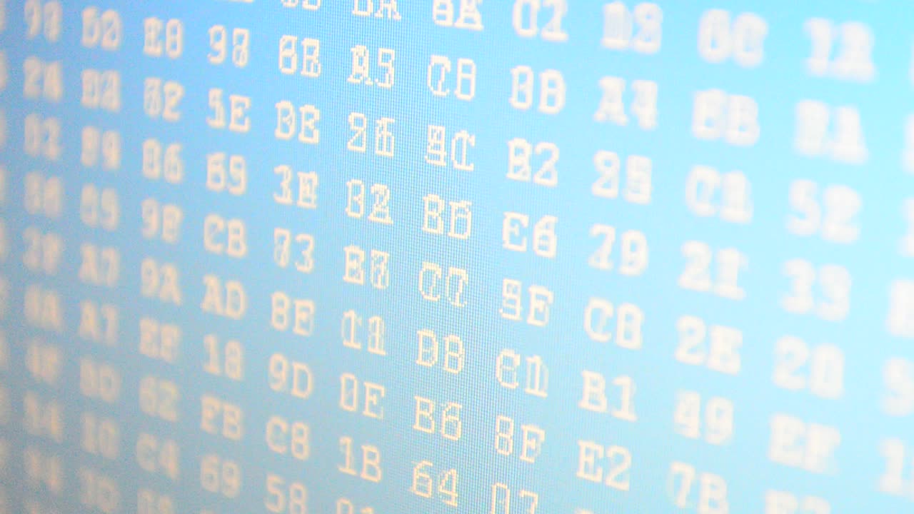 The movement of a code on the screen. Work of the program. Hexadecimal program code on screen. Animated background of moving binary code numbers
