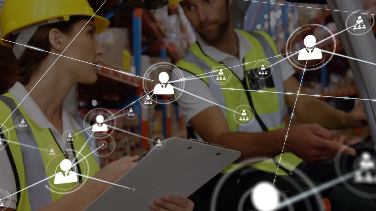 animación de la red de conexiones entre diversos trabajadores en el almacén