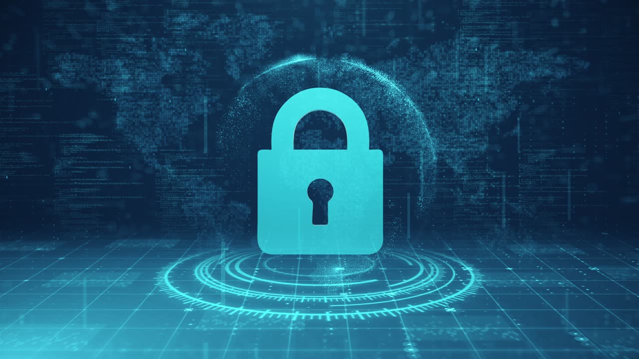 Rotating Futuristic 3D Padlock Icon over Digital Globe and World Map