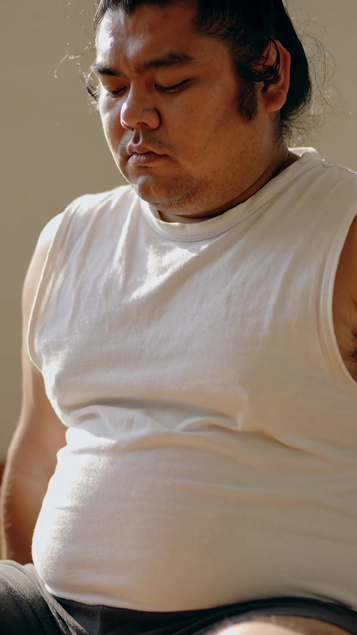 縦型動画：白いタンクトップ姿の男性が、自宅の椅子に座って寄りかかり、伏し目がちに呼吸を始める様子。