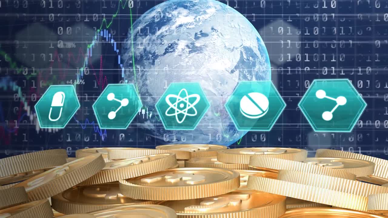 анимация медицинских икон, золотых монет и вращающегося земного шара на заднем плане