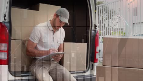 animation of data processing over man packing boxes into car