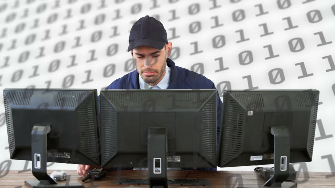 백색 배경에 컴퓨터를 사용하여 코카시안 남자에 대한 과학 데이터 처리 애니메이션