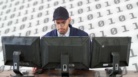 animación del procesamiento de datos científicos sobre el hombre caucásico usando computadora sobre fondo blanco