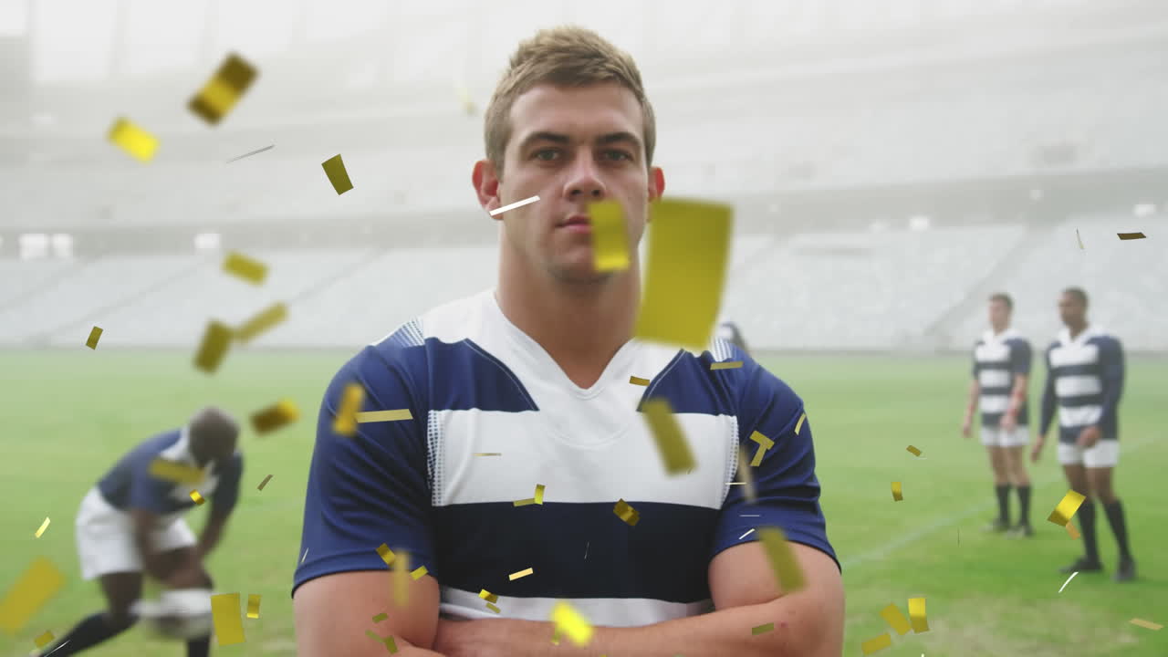 animación de confeti dorado cayendo sobre un jugador de rugby caucásico