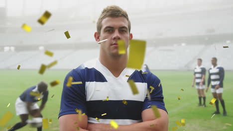 animation of golden confetti falling over caucasian male rugby player