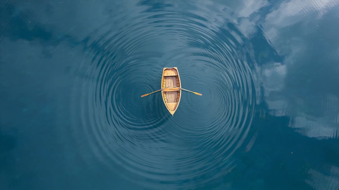 Video vertikal: Riak mulai bergerak keluar di bawah perahu dayung kayu di danau biru yang tenang, dengan dayung.