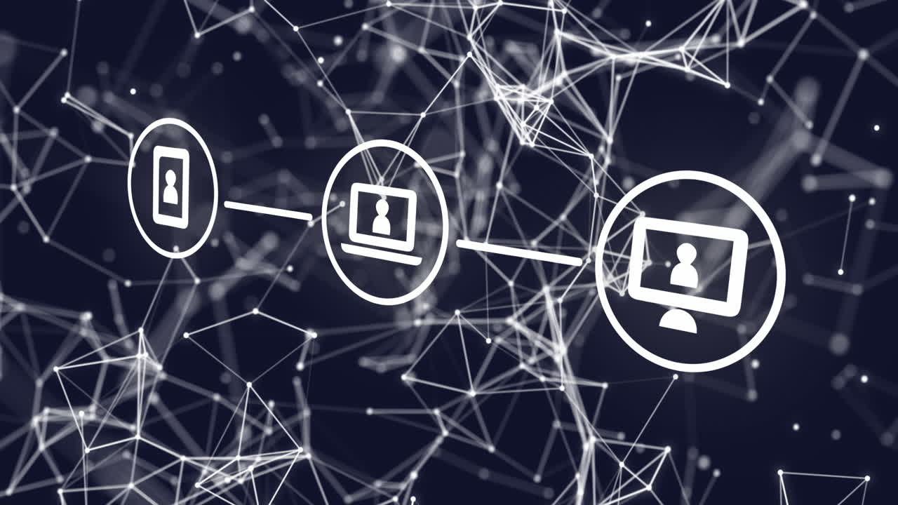 animación de diagrama de flujo de iconos y puntos conectados sobre fondo negro