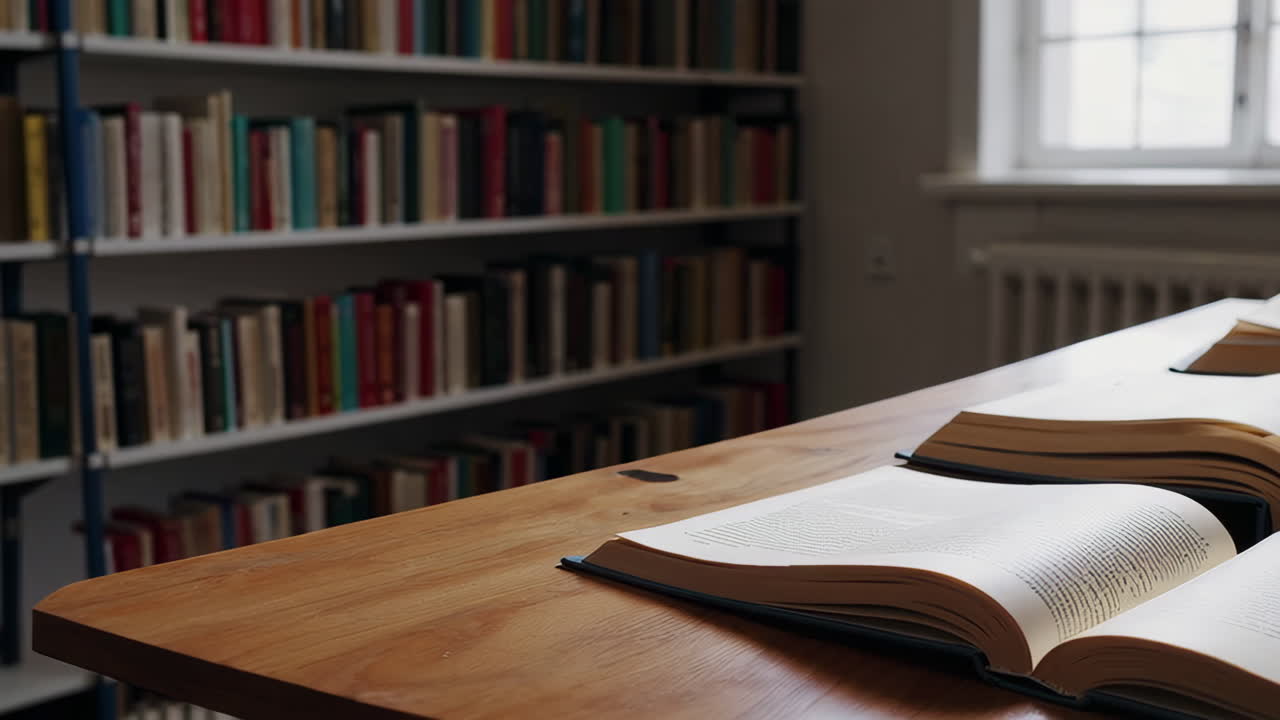 Open Books on a Wooden Table in a Library