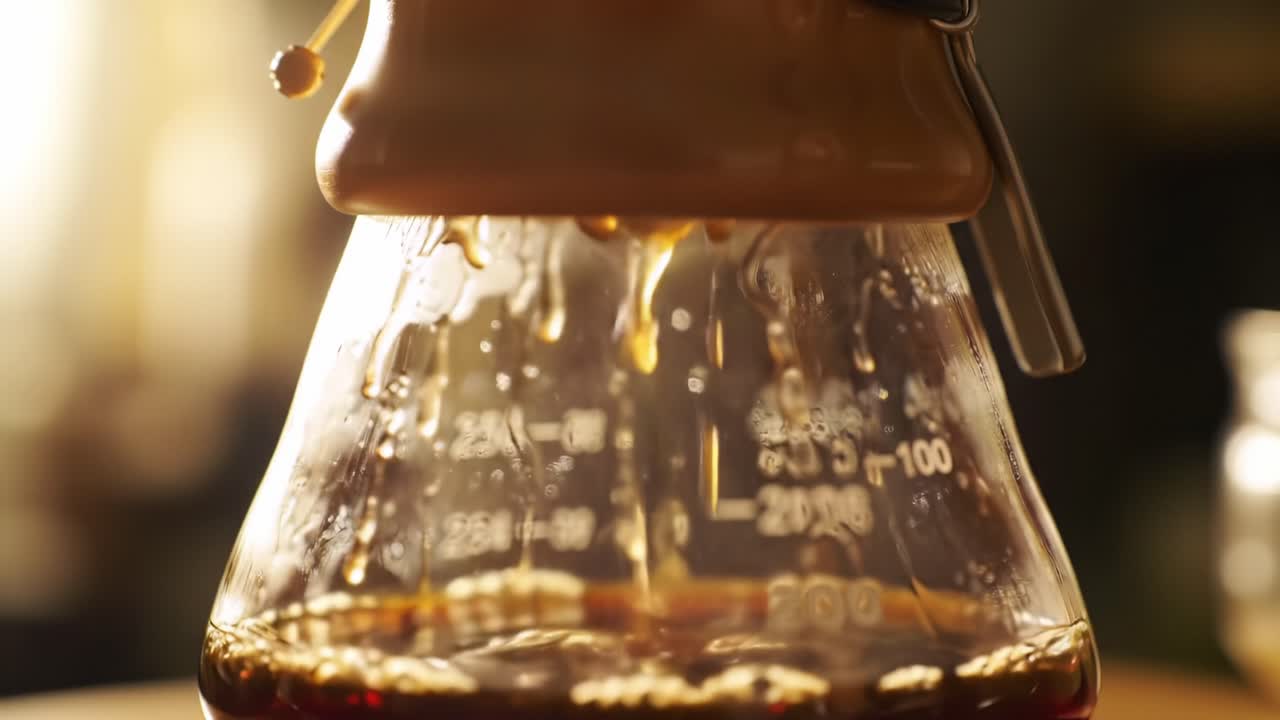 Brewing the Perfect Cup: The Art of Coffee Extraction in Slow Motion, Capturing the Richness and Aroma of Freshly Prepared Brew in a Glass Coffee Carafe