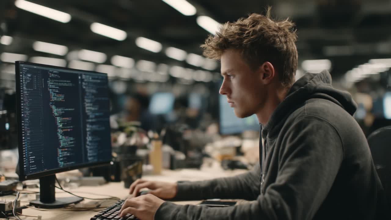 Focused Programmer Concentrating on Coding in a High-Tech Workspace Surrounded by Multiple Screens and Modern Equipment, Highlighting the Depth of Software Development