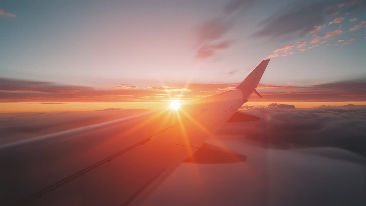 Rising sun illuminating airplane wing slicing through clouds at dawn, revealing blended winglet