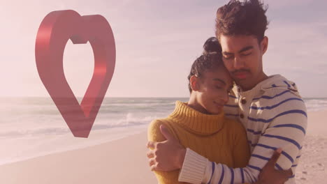 couple embracing on beach with heart animation over ocean background
