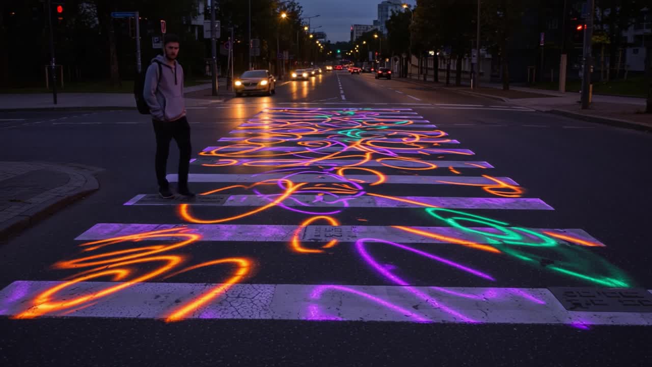 A captivating display of artistic light patterns illuminating a crosswalk creates a vibrant atmosphere while a person walks across the street in the evening twilight