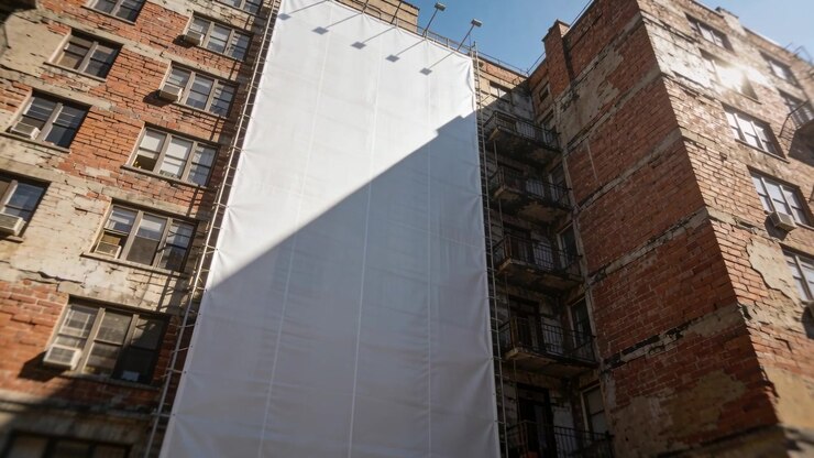 Projetando sombra, a luz do sol desliza sobre um banner branco de andaime no pátio, com o sol se movendo e raios de luz.