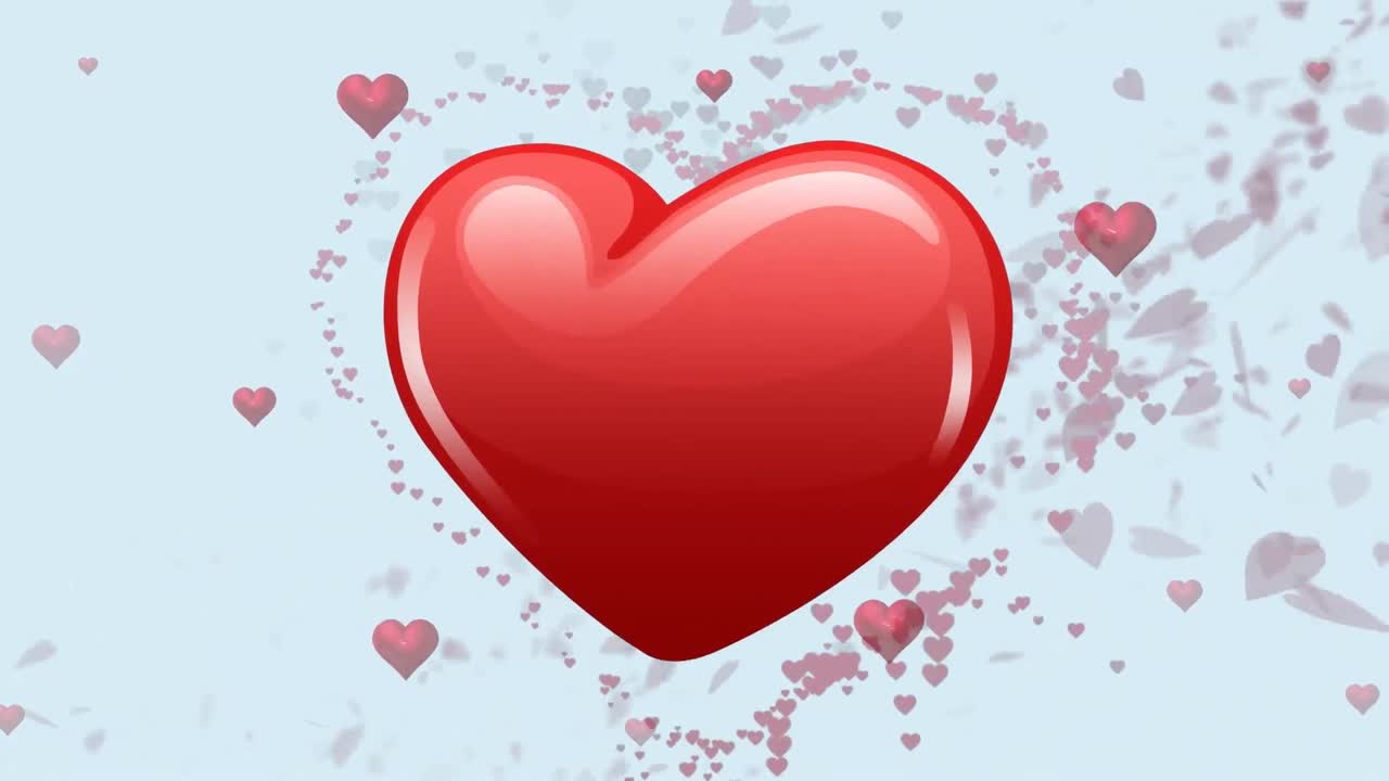 파란색 배경에 여러 개의 빨간색 심장의 애니메이션.