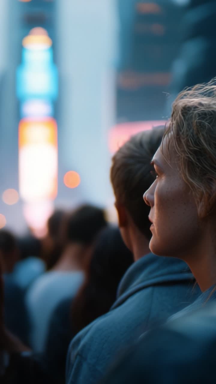 Un momento di riflessione tra la folla a Times Square, che cattura l'essenza della vita urbana e della riflessione individuale tra le luci vibranti della città e l'atmosfera vivace