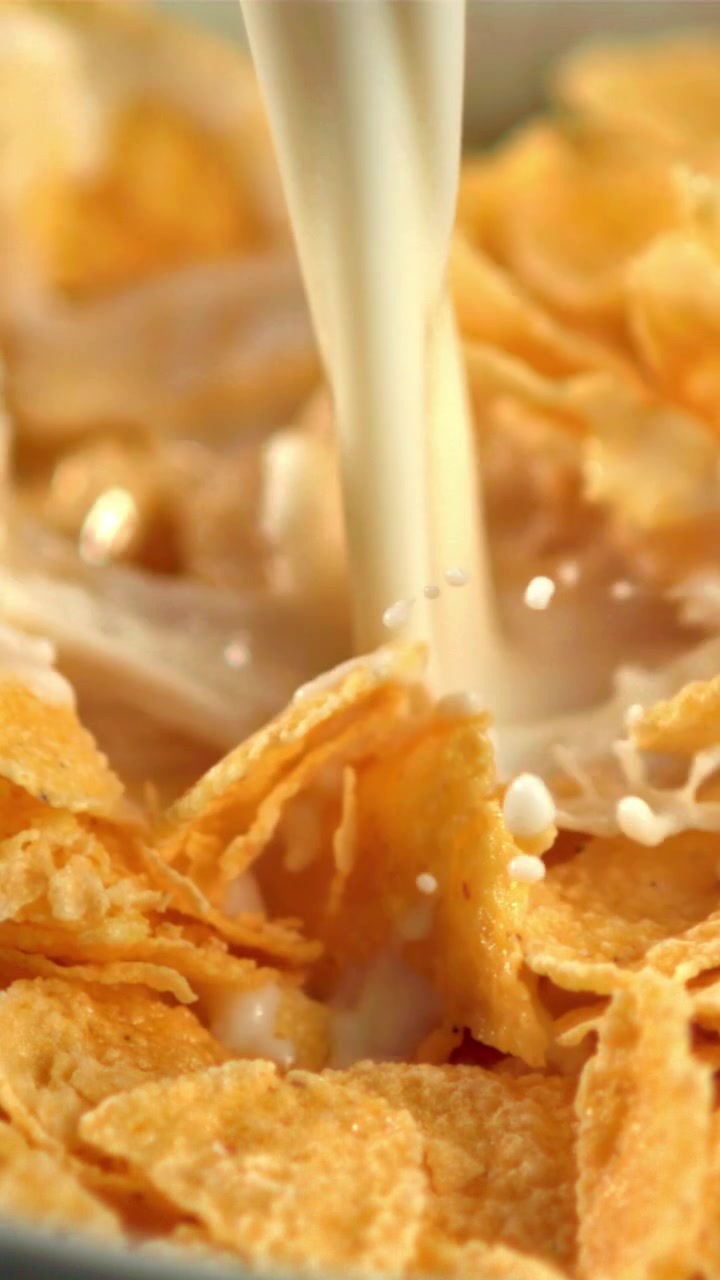 Latte che si versa su cornflakes dorati, al rallentatore.