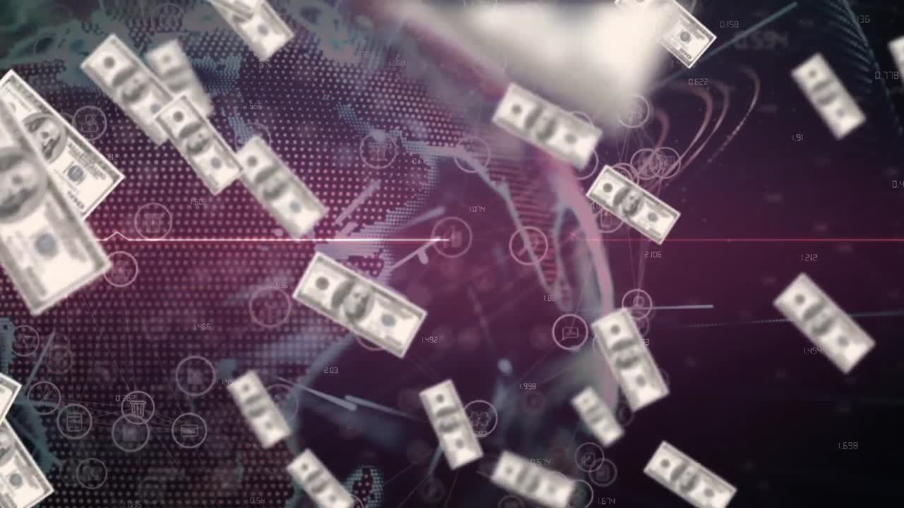 Animation of american dollar banknotes floating over heart rate monitor and world map