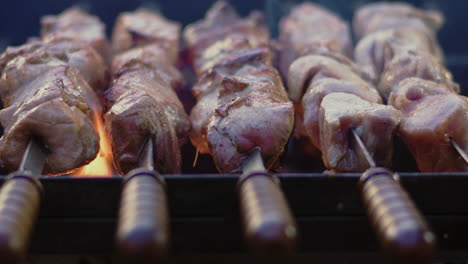 Closeup-pork-kebabs-grilling-on-open-fire.-Beef-shashlik-on-metal-skewers.