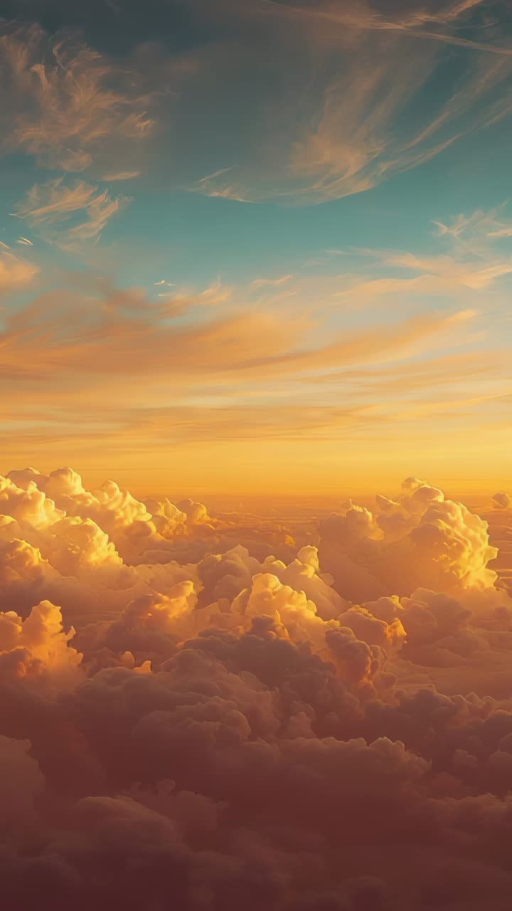 Vertical video: Drifting view showing golden cumulus bank over clouds, revealing contrail, cirrus