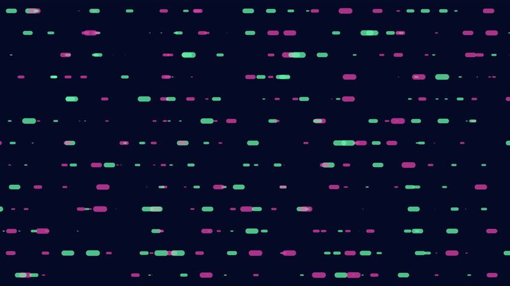 Abstraktes Bild, das ein Rasterlayout aus lila und grünen Punkten vor einem schwarzen Hintergrund zeigt. Einzigartiges und visuell faszinierendes Muster