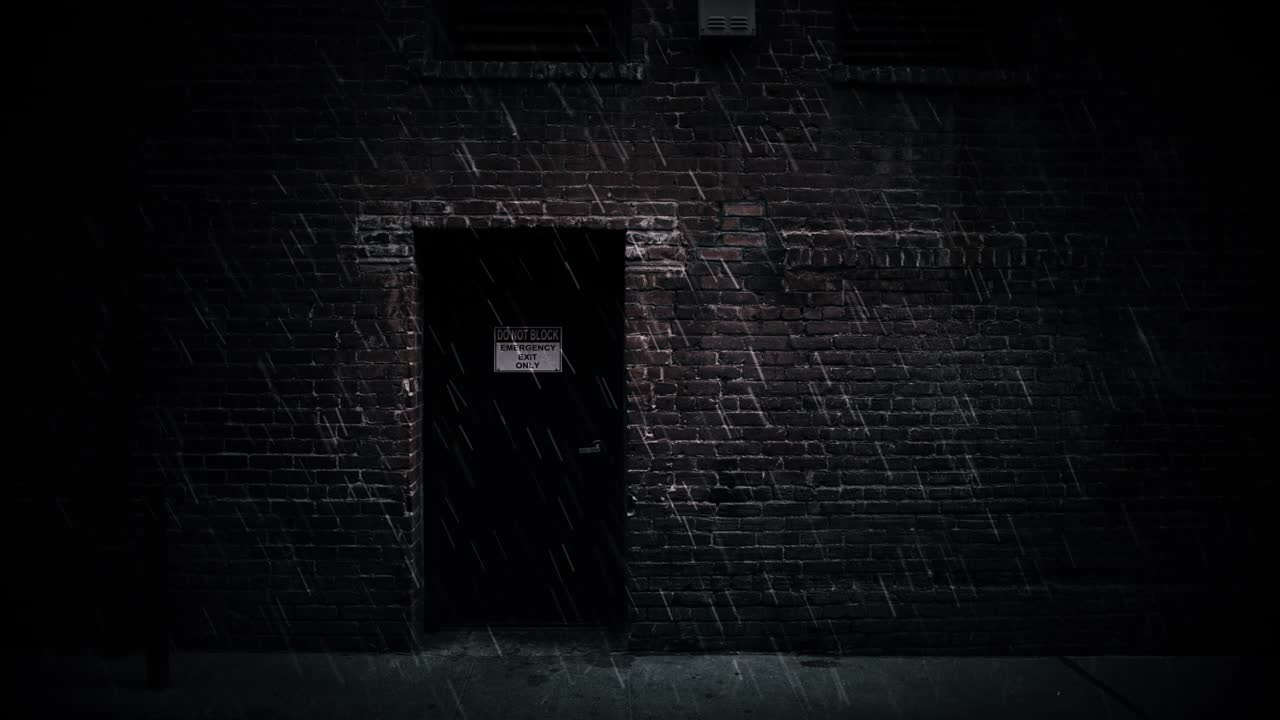 바람이 부는 비 도시 벽돌 건물 배경 루프